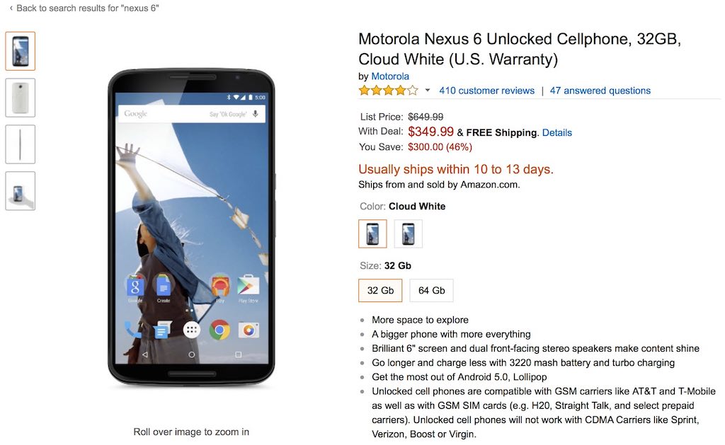 Nexus 6 が米Amazonにて349.99米ドルにて販売中