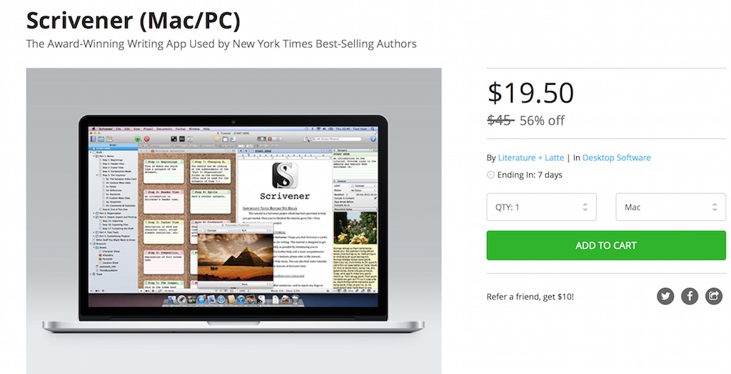 高機能エディタ「Scrivener」が半額の19.50 USD (約2440円)にて販売中