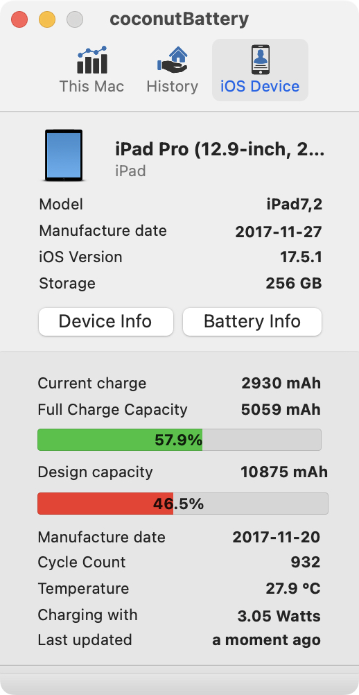 Coconut Batteryでバッテリー性能が46.5%と表示された。