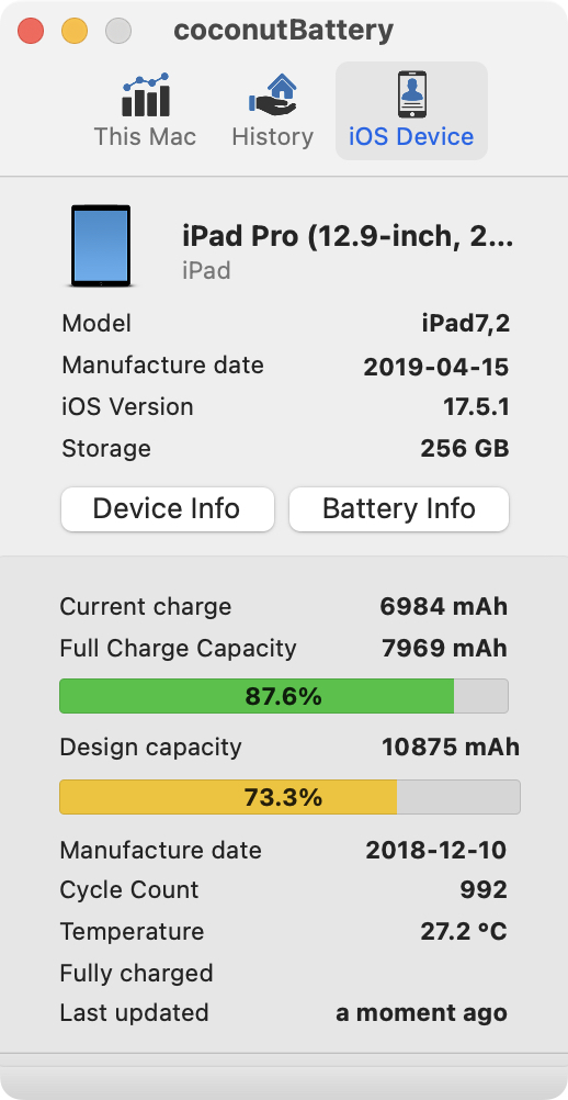 Coconut Batteryでバッテリー性能が73.3%と表示された。