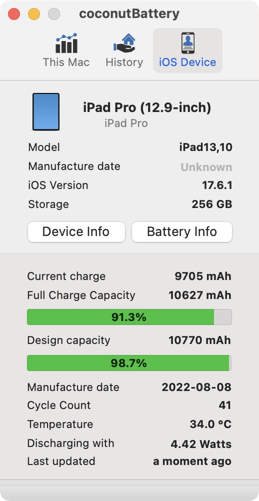 Coconut Batteryでバッテリー性能が98.7%と表示された。